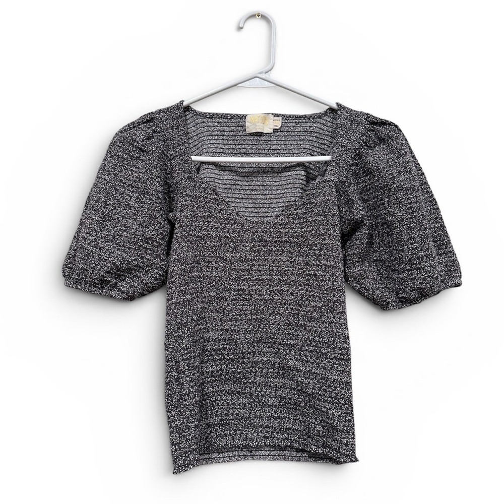 Nation LTD Black White Space Dye Pima Cotton Puff Sleeve Smocked Top XS